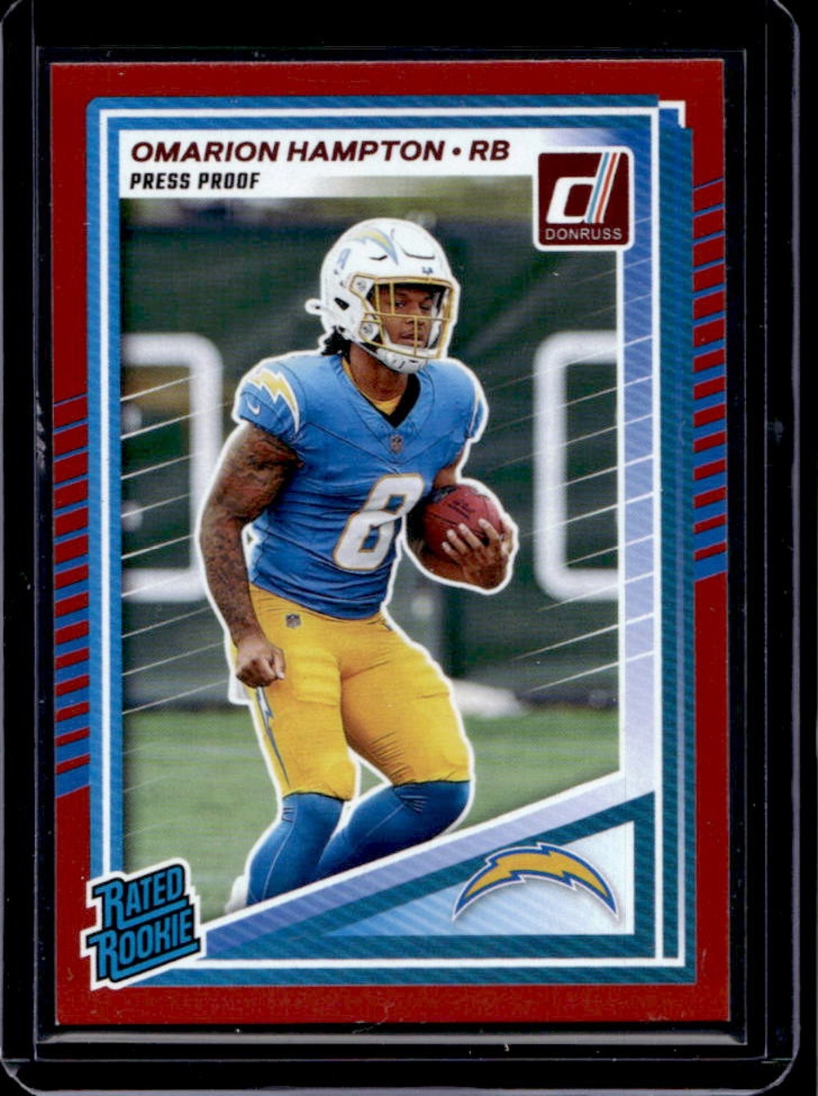 2025 Donruss Omarion Hampton Rated Rookie Press Proof Red RC #303 Chargers