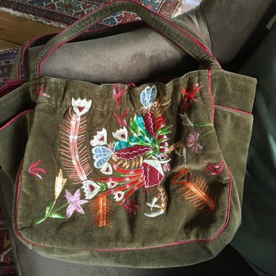 Tasche Samt, moosgrün, mit gesticktem PHÖNIX - Vintage