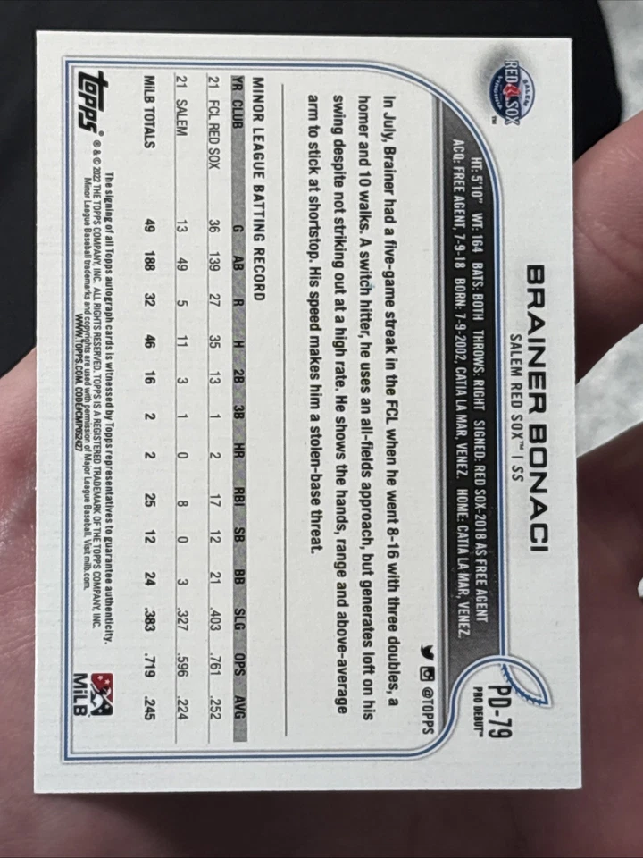 2022 Topps Pro Debut Brainer Bonaci Auto - Image 2 of 2