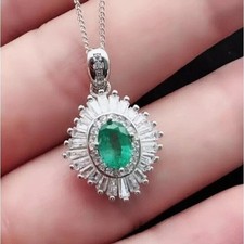 14K White Gold Plated 2.00Ct Oval Cut Lab Created Emerald Halo Women's Pendant