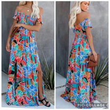 Aakaa Tropical Floral Print Smocked Maxi Dress Small Off The Shoulder Beachy
