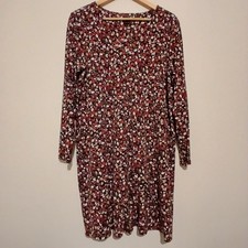 J. Jill Wearever Floral V-Neck Long Sleeve Dress Burgundy Red Classic Large