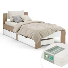 Holzbett 90x200 Einzelbett Schubladen Lattenrost Matratze Braun Wei&szlig; Homestyle4u