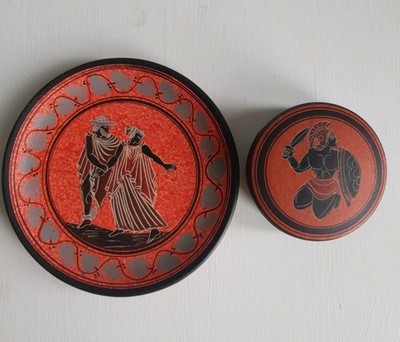 Vintage Greek Pottery Set Attic Red Figure WallPlate & Matching Pyxis TrinketBox