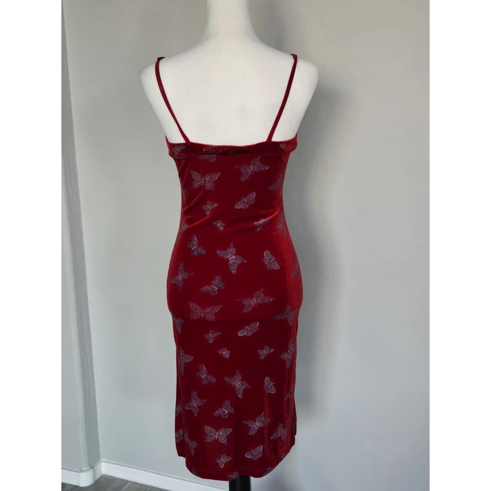 Y2K 90s Vintage Red Velvet Butterfly Bodycon Spaghetti Strap Dress By Mine Sz M - Image 4 of 4