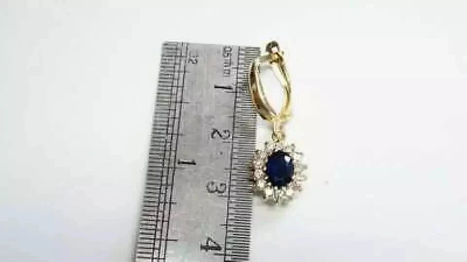 3.50Ct Oval Cut Lab Created Blue Sapphire Drop/Dangle Earring 14K Yellow Gold Fn - Image 3 of 4