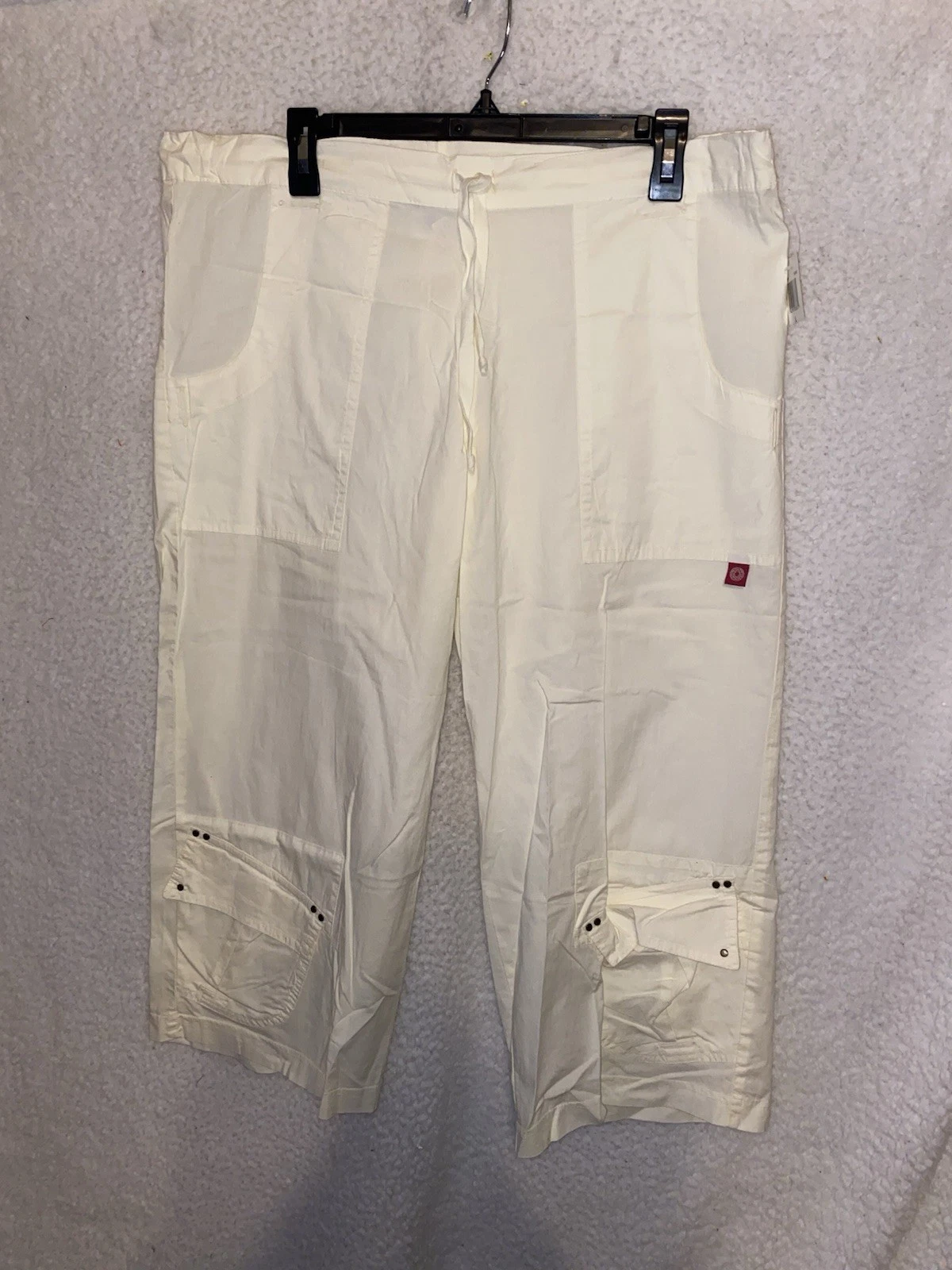XCVI Cargo Pants Women L White Pull-On Cropped Drawstring Stretch Capri Ivory GZ