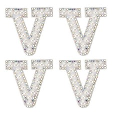 4 Pcs White Pearl Alphabet Fabric Patches for V, Applique with Iron