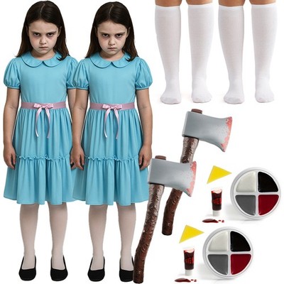 GLÄNZENDE ZWILLINGE KINDER KOSTÜM BLAU KLEID SOCKEN GESICHTSFARBE DUO AXT PROP HALLOWEEN