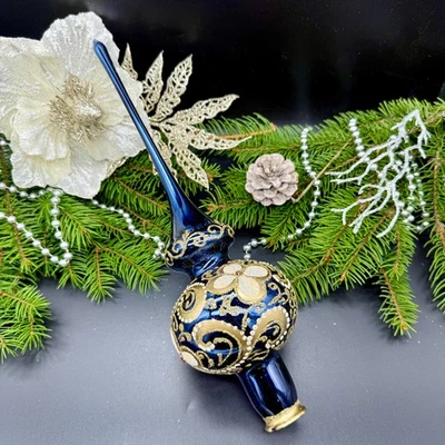 HANDMADE Elegant Navy Blue Christmas Tree Topper – Vintage Style Glass Ornament 🎄