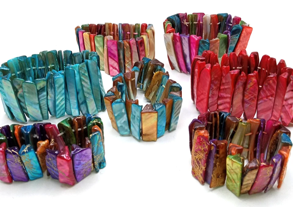 Vintage Multi Color  Mother Of Pearl  Stretch Bracelets Lot of 8 Turquoise Rose - Image 4 of 4