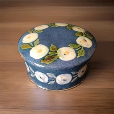 Vtg RARE Unique Handmade Glazed French Floral Pottery Trinket Dish & Lid #BRD