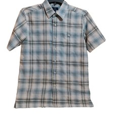 George Men  s Plaid Button Down Shirt S Short Sleeve Blue Polyester Wrinkle-Free