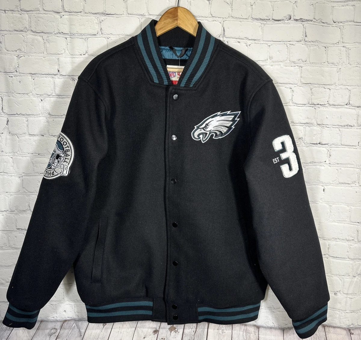 NWT Mens NFL Ultra Game Philadelphia Eagles Black Varsity Jacket 