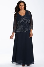 J Kara Beaded Dress Sheer Jacket Plus Sz 18W Navy