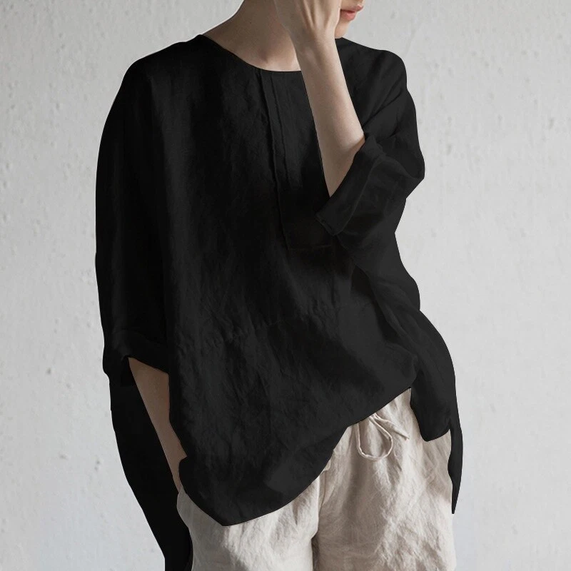 Femme Fille Décontracté Coton Lin Dos Séparé Haut 3/4 Chemise Manche Vrac Solid - Photo 4/4