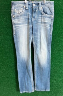 Men's Rock Revival ''Echter'' Straight Jeans Leather Inserts Distressed Sz 32 X 34