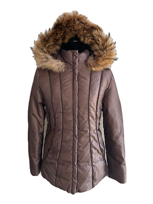 Via Spiga Puffer Down Coat Jacket w Fur Trim Hood Brown