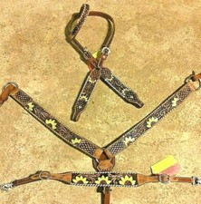 Western Saddle Horse Leather Tack Set w/ Sunflower Design Bridle  Breast Collar