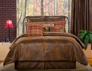 4pc Dark Brown Red Lodge Style Faux Leather Comforter Set Cal King