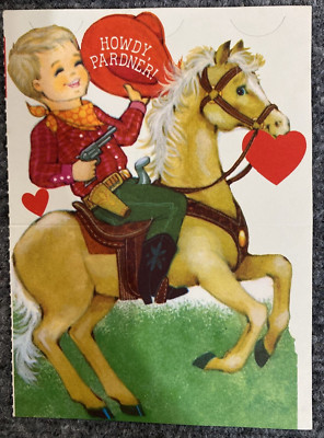Vintage Valentine Card Game Boy Pony Horse Playing Cowboy Hallmark Howdy Pardner