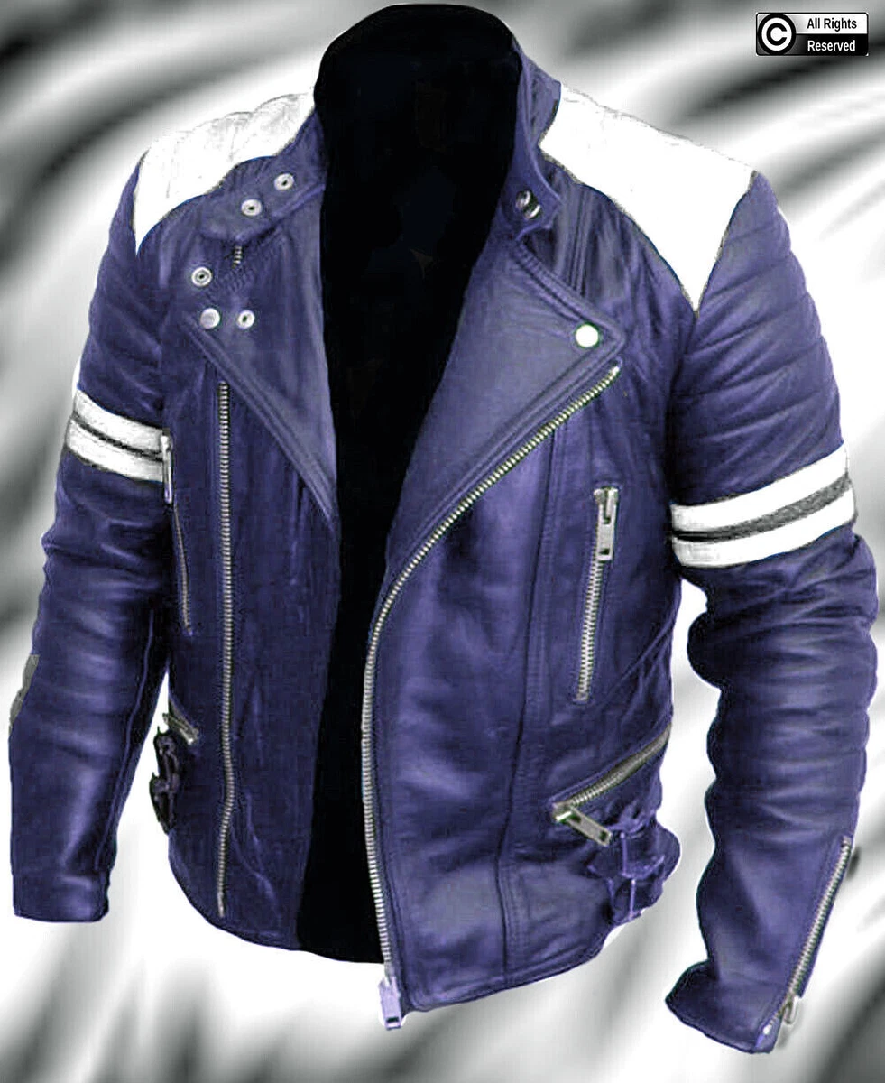 Men s Brando Style Classic Biker Motorcycle Retro Purple Genuine Leather Jacket