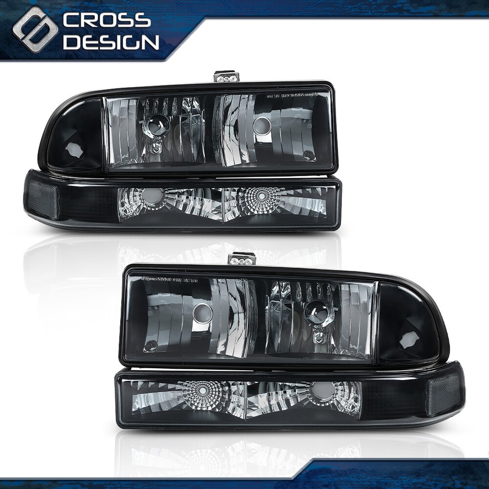 Coolstuffguru Black Headlights+Bumper Parking Lamps Compatible with Chevy S10 1998-2004, Blazer, L+R Pair Head Light Lamp Assembly
