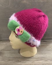 Handmade Girls Magenta Green Knit Hat Felt Bow Floral Button 4-7 Years Fuzzy