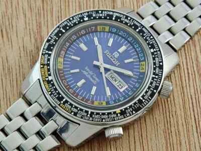Ricoh World Timer Big Étui Ss Bracelet Cadran Bleu 43mm Jour Date Automatique - Photo 1/4