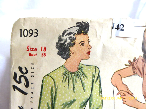 RARO OOP VINTAGE AÑOS 40 SIMPLICIDAD BLUSA PATRÓN 1093 Talla 18 Busto 36 - Imagen 4 de 7
