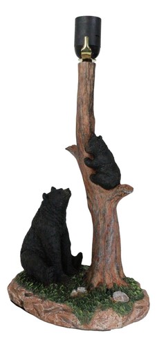 Rustic Black Mother Bear Watching Over Cub Climbing On Tree Trunk Table Lamp - Picture 5 of 9