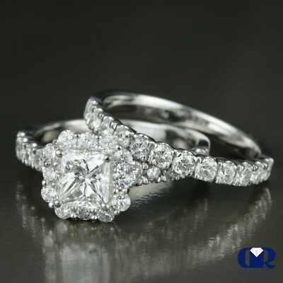 2.03 Ct Princess Cut Diamond Halo Engagement Ring Set In 14K White Gold ...