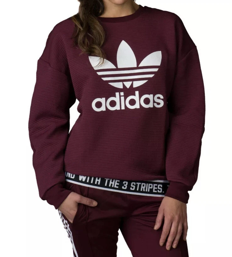 Adidas Trefoil 3 Stripes Logo Ribbed Pullover Sweatshirt AY8936- Maroon -  Large | eBay