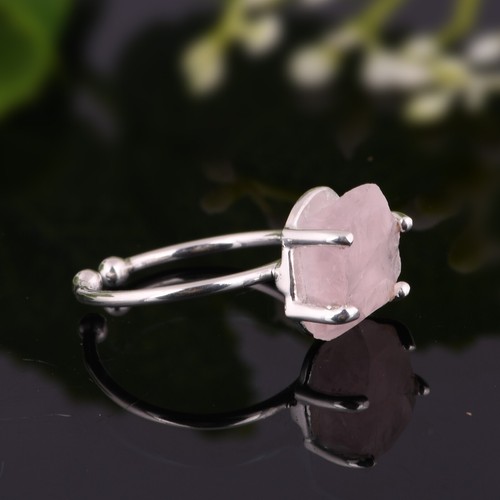 Raw Healing Rose Quartz Sterling Silver Adjustable Ring Handmade Jewelry - Picture 3 of 5
