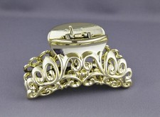 Gold shiny hair clip plastic 3 5/8" long big barrette claw clamp scroll cut out
