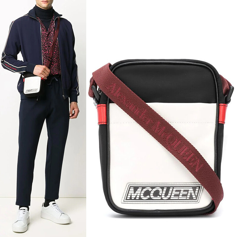 NUOVA BORSA A TRACOLLA $890 ALEXANDER MCQUEEN nera nylon pelle bianca logo sportivo