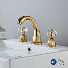 Shiny Polished Gold Widespread Bathroom Sink Faucet, Two Crystal Handle  Drain