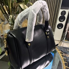 Women s Black Medium Satchel Top Handle Bag Zip Closure Gold Hardware Strap