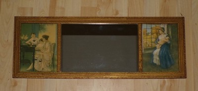 Vintage Gold Gilt Framed Mirror Two Prints Antique Tryptic Tripart Wall Mirror 