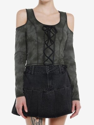 Y2K Goth Grunge Cold Shoulder Lace Up Top Women s Medium Green Tie Dye Long Slee