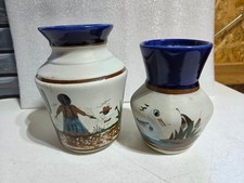 2 Vintage Hand Painted Mexican Folk Art Pottery Vase Vases Mexico Mother Child