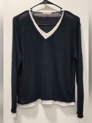 Navy V-Neck Layered Trim Sweater Size - Medium