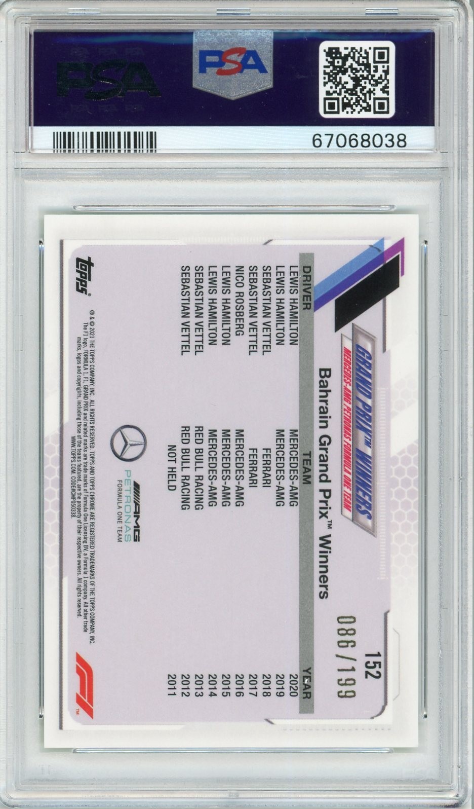 PSA 10 - 2021 TOPPS CHROME F1 - LEWIS HAMILTON  SAPPHIRE ED CHARTREUSE - 86/199 view 2