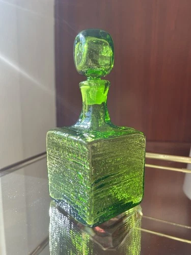 Vintage Blenko Glass Green Strata Block Glass Decanter #6224S MCM