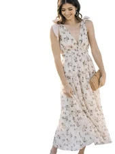 STORIA Patricia Shoulder Tie Floral Cottagecore Cream Dress, Size Small, EUC