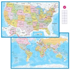 NOWMAP Matte Wall Map Set – 18"x29" No-Glare World & USA Poster Light Blue 