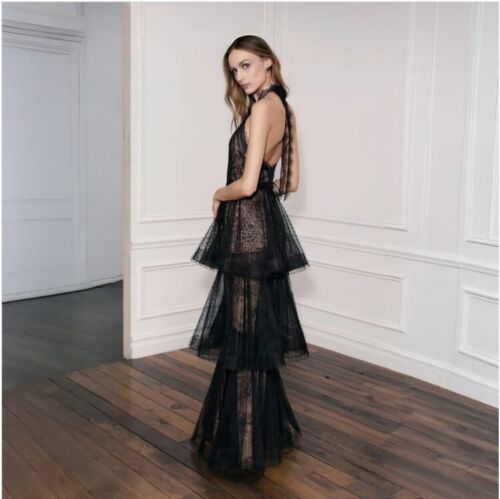 Luxxel Maxi Dress Black Medium Black Tiered Halter Neck Lace Gown Prom Wedding