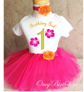 Luau Hawaiian Flower Green Pink Girl 1st First Birthday Tutu Outfit