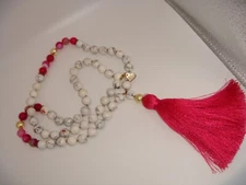 LOVE S AFFECT NATURAL SEMI PRECIOUS BEAD NECKLACE FUCHSIA SILK TASSEL PENDANT