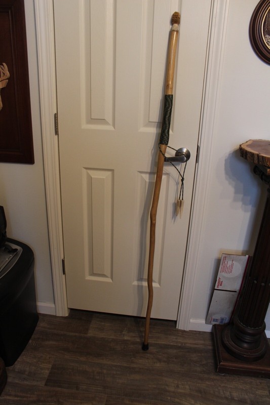 Custom Made Red Oak Walking Hiking Stick with Antler Morel Mushroom Carving
